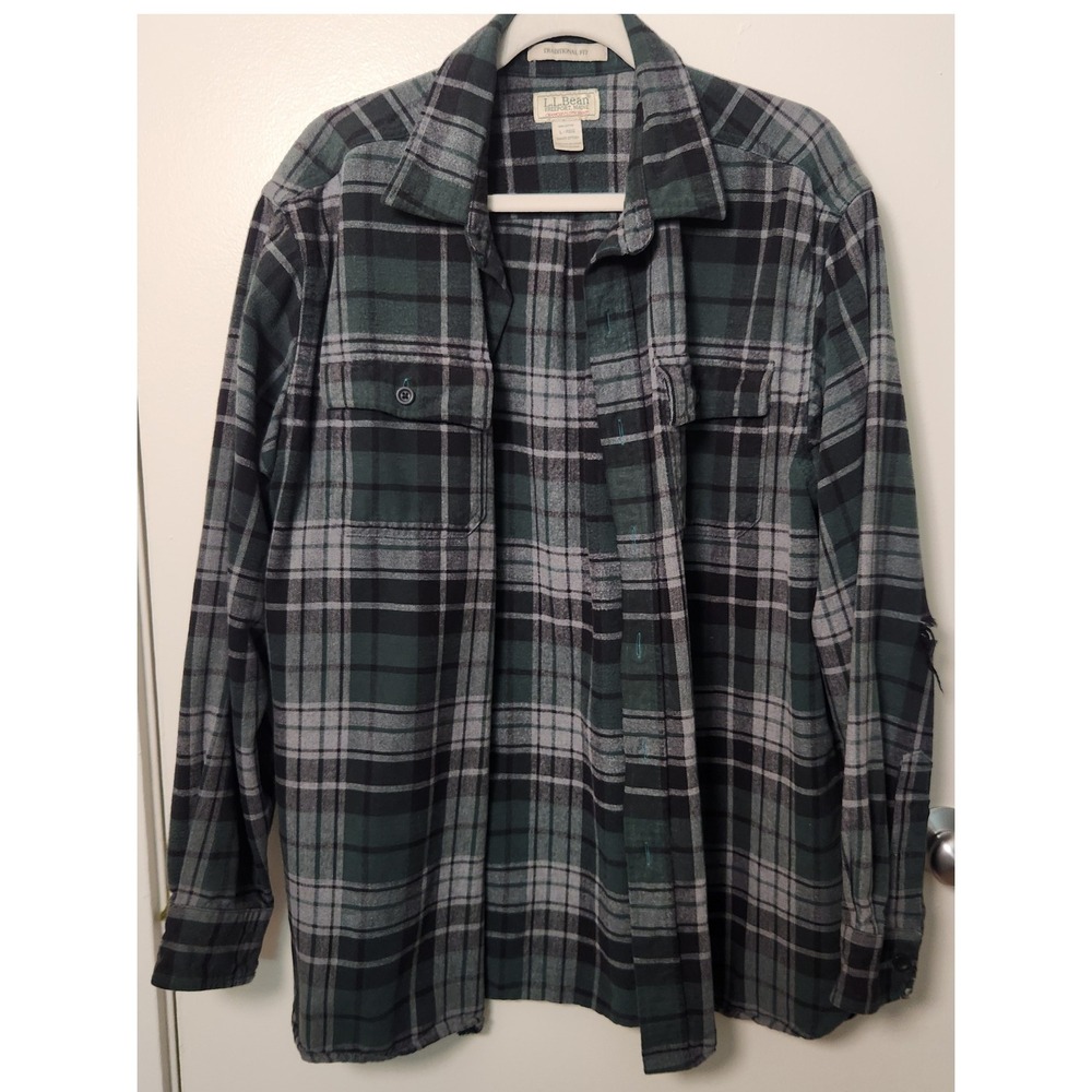Vtg LL Bean Green Flannel Chamois Cloth Shirt  Mens Lrg Traditional Fit Thrashed